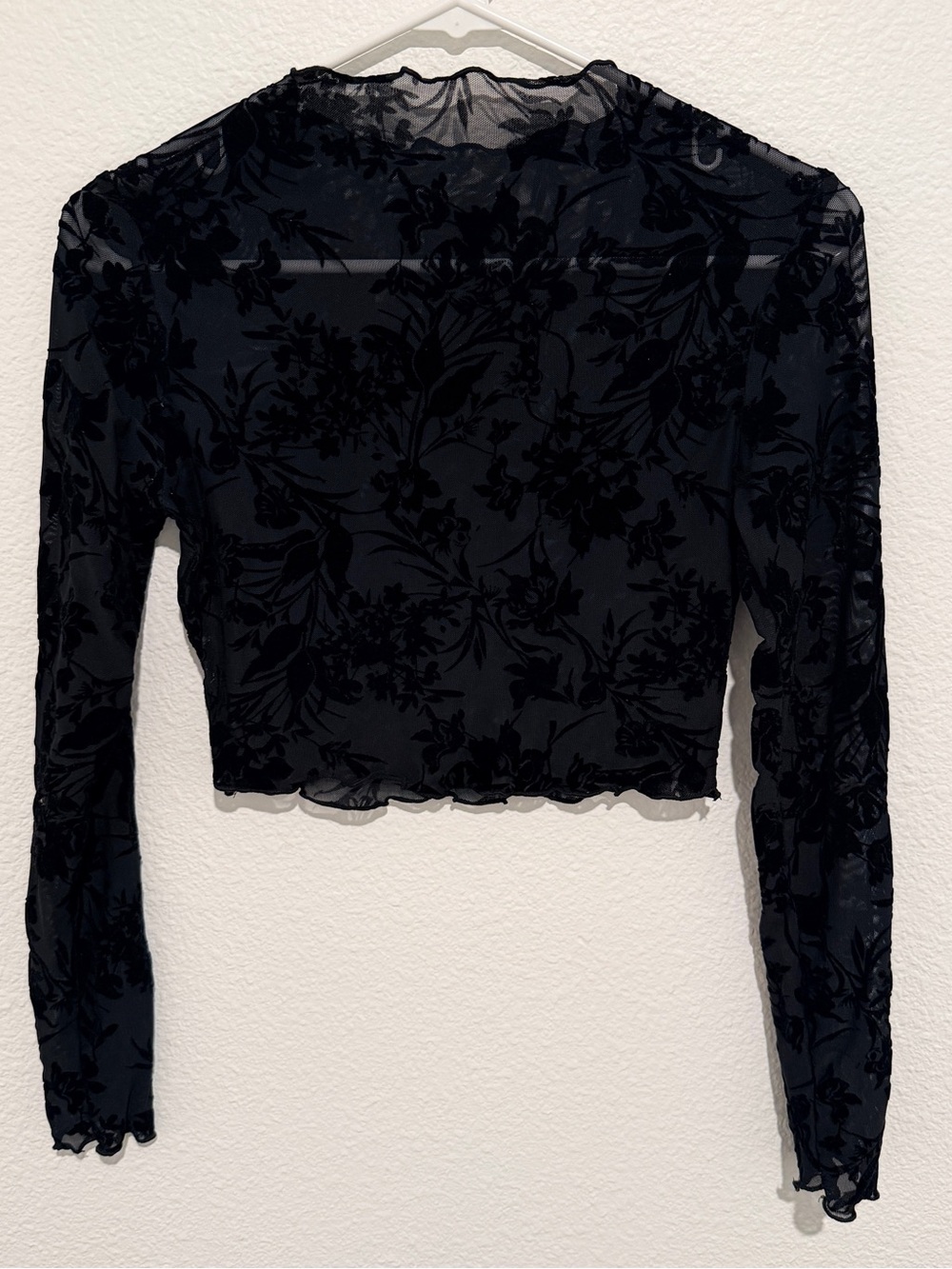 Source Unknown Black Sheer Floral Burnout Long Sleeve Crop Top